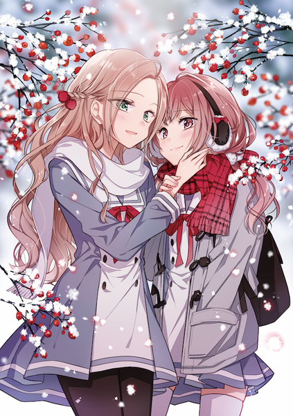 Anime picture 587x832 with original yukinokoe long hair tall image looking at viewer blush fringe open mouth blonde hair red eyes multiple girls green eyes payot looking away outdoors red hair braid (braids) open clothes zettai ryouiki snowing