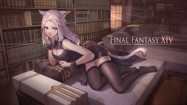 Anime picture 3200x1800 with final fantasy final fantasy xiv square enix miqo'te wudi yishi leiyu long hair looking at viewer highres breasts light erotic wide image large breasts animal ears silver hair full body bent knee (knees) indoors tail animal tail black eyes