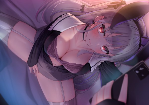 Anime picture 6614x4677 with original reinama single long hair blush fringe highres breasts light erotic red eyes large breasts animal ears absurdres lying long sleeves grey hair on back bunny ears fake animal ears looking up
