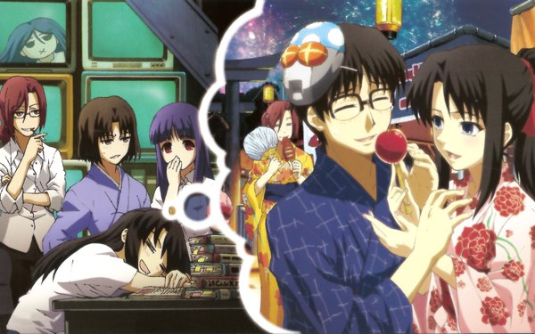 Anime picture 1440x900 with kara no kyoukai type-moon ryougi shiki kokutou azaka aozaki touko asagami fujino kokutou mikiya fujou kirie wide image garden of listeners