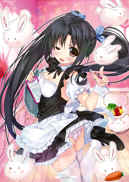 Anime-Bild 1451x2048 mit alice or alice kisaki (alice or alice) shintarou single long hair tall image looking at viewer blush fringe breasts open mouth light erotic black hair smile standing twintails holding brown eyes signed cleavage