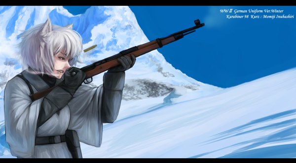 Anime picture 1606x890 with touhou inubashiri momiji ibuki397 single short hair wide image animal ears white hair inscription mouth hold letterboxed winter smoke snow smoking casing ejection girl gloves weapon rifle
