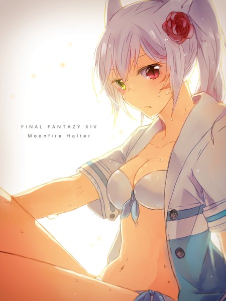 Anime picture 750x1000 with final fantasy final fantasy xiv square enix miqo'te lili mdoki single long hair tall image blush fringe breasts open mouth light erotic simple background sitting animal ears looking away cleavage silver hair bent knee (knees)