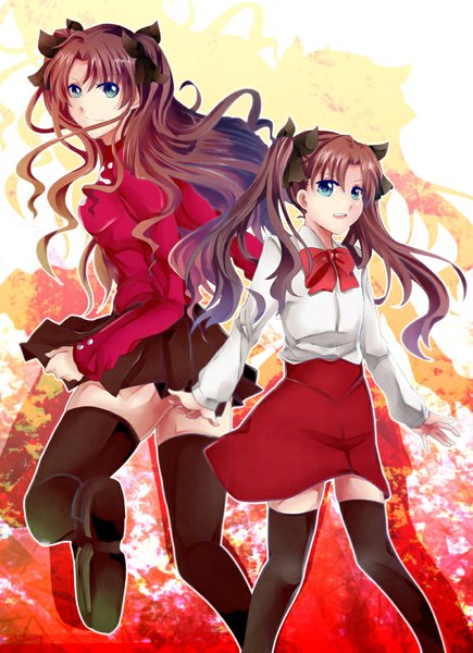 Anime picture 800x1103 with fate (series) fate/stay night fate/zero studio deen type-moon toosaka rin yamada runoka long hair tall image open mouth blue eyes brown hair multiple girls girl thighhighs skirt uniform bow black thighhighs 2 girls