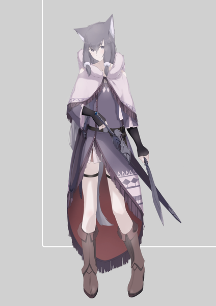 Anime picture 1771x2508 with original mikisai single long hair tall image looking at viewer fringe highres simple background hair between eyes standing holding animal ears payot full body tail head tilt animal tail grey hair grey background