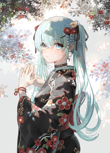 Anime picture 2300x3200 with vocaloid hatsune miku luli ovo single long hair tall image fringe highres hair between eyes twintails upper body nail polish traditional clothes japanese clothes aqua eyes aqua hair turning head floral print fingers together bandaid on hand