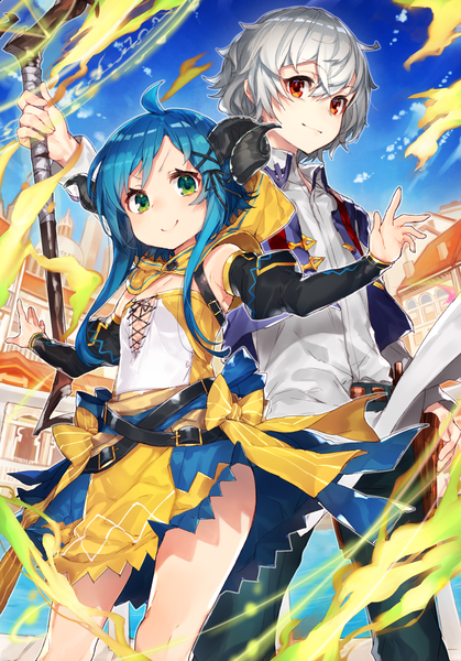 Anime picture 977x1400 with saikyou juzoku tensei: cheat majutsushi no slow life (novel) mare (juzoku tensei) abel berek mika pikazo tall image fringe short hair breasts smile hair between eyes red eyes green eyes payot blue hair sky silver hair cloud (clouds) ahoge outdoors long sleeves