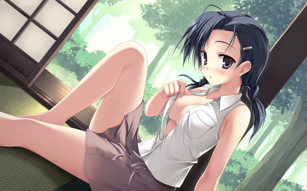 Anime picture 1920x1200 with yosuga no sora kuranaga kozue tateha (marvelous grace) single long hair blush highres breasts open mouth light erotic black hair wide image sitting twintails open clothes sweat open shirt short twintails girl skirt