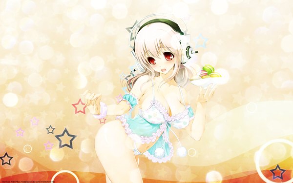Anime picture 1440x900 with nitroplus super sonico single long hair breasts open mouth light erotic red eyes wide image cleavage white hair girl headphones star (symbol)