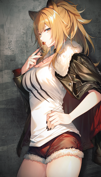 Anime picture 735x1277 with arknights siege (arknights) toosaka asagi single long hair tall image looking at viewer blush fringe blonde hair hair between eyes standing holding animal ears yellow eyes payot cleavage ponytail nail polish fingernails