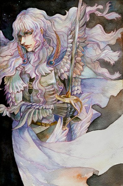 Anime picture 661x1000 with berserk griffith sirius d single long hair tall image looking at viewer blue eyes white hair traditional media watercolor (medium) boy weapon sword armor