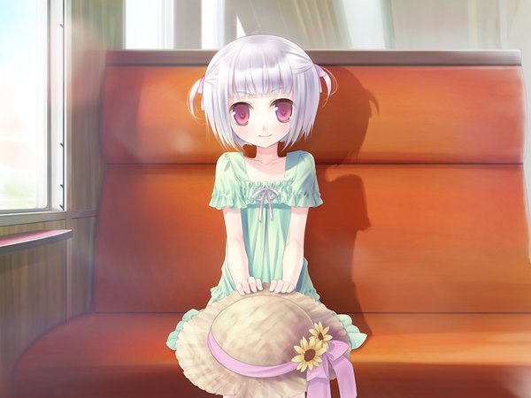 イラスト 1024x768 と なでしこドリップ 椿 ソロ カメラ目線 短い髪 赤い目 座る game cg white hair loli 女の子 ドレス 帽子