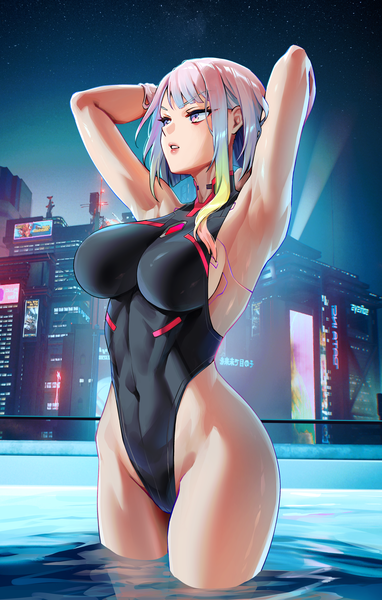 Anime picture 3500x5500 with cyberpunk edgerunners studio trigger lucy (cyberpunk) foxyrain single tall image fringe highres short hair breasts light erotic large breasts standing looking away absurdres silver hair outdoors parted lips pink eyes multicolored hair