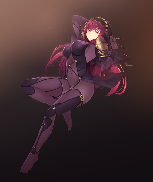 Anime picture 5669x6732 with fate (series) fate/grand order scathach (fate) (all) scathach (fate) cait single long hair tall image looking at viewer fringe highres breasts light erotic simple background red eyes absurdres purple hair full body parted lips hair over one eye