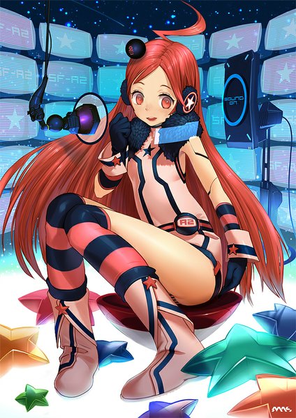 Anime picture 706x1000 with vocaloid miki (vocaloid) mhk (mechamania) single long hair tall image blush open mouth light erotic red eyes sitting bare shoulders looking away ahoge red hair girl thighhighs gloves underwear panties