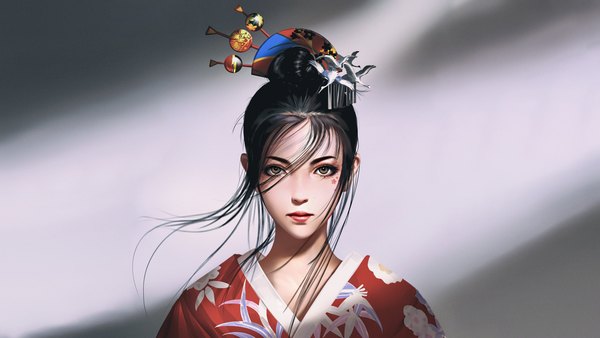 Anime-Bild 3840x2160 mit original liang xing single looking at viewer fringe highres short hair black hair hair between eyes wide image brown eyes payot absurdres upper body traditional clothes japanese clothes lips realistic hair bun (hair buns) floating hair