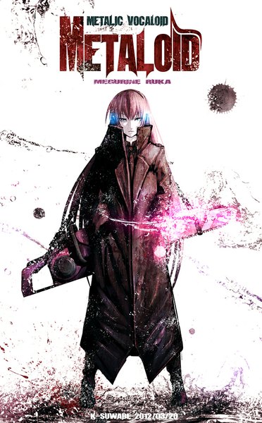 Anime picture 620x1000 with vocaloid meltdown (vocaloid) megurine luka k-suwabe single tall image fringe standing pink hair aqua eyes inscription alternate costume glowing pale skin hands in pockets girl headphones chain coat chainsaw