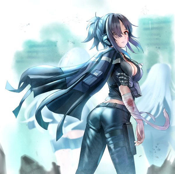 Anime picture 1000x998 with girls frontline angelina (girls frontline) qian wu atai single looking at viewer fringe short hair breasts black hair simple background brown eyes payot cleavage ass ponytail parted lips looking back wind from behind blurry