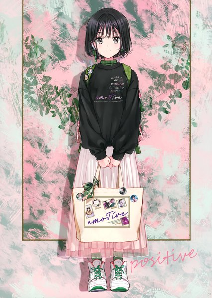 Anime picture 2881x4061 with original tiv single tall image looking at viewer fringe highres short hair black hair smile standing holding full body long sleeves scan inscription grey eyes clothes writing girl skirt