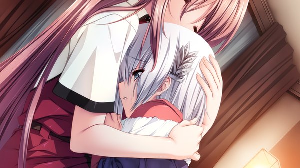 Anime picture 1280x720 with koisuru otome to shugo no tate yamada taeko sonya kostyor long hair short hair blue eyes wide image game cg white hair red hair eyes closed hug girl boy uniform school uniform