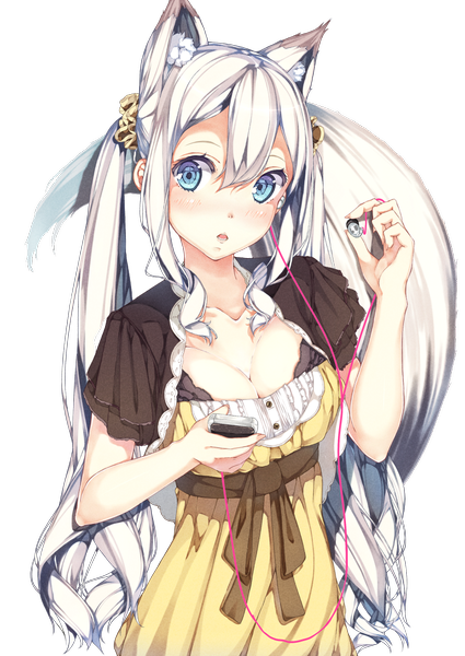 Anime picture 765x1080 with original shirohina single long hair tall image looking at viewer blush blue eyes twintails animal ears silver hair tail animal tail fox ears fox tail transparent background girl dress headphones digital media player