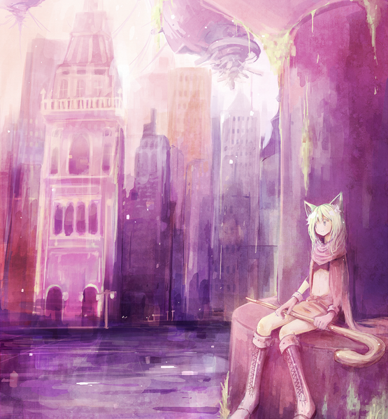 Anime picture 1388x1500 with original mikuri yoru single tall image short hair smile sitting animal ears green hair city girl skirt gloves cloak cane