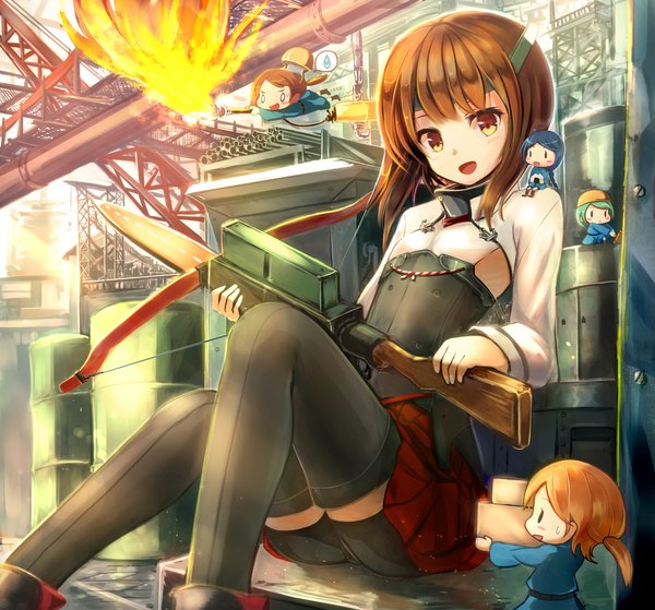 Anime picture 2386x2224 with kantai collection taihou armored aircraft carrier sakura ani looking at viewer blush highres short hair open mouth brown hair sitting brown eyes chibi solid eyes girl thighhighs weapon black thighhighs fire
