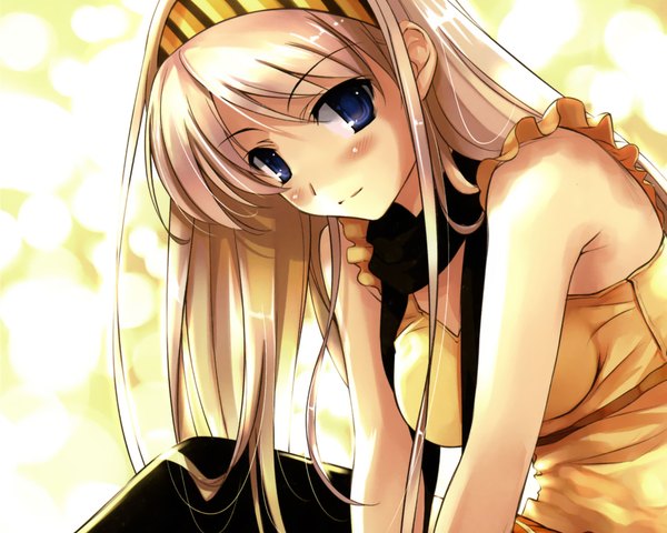 Anime picture 1920x1536 with boku to kanojo ni furu yoru (novel) misaki kurehito single long hair looking at viewer blush highres blue eyes simple background blonde hair bare shoulders girl thighhighs black thighhighs hairband