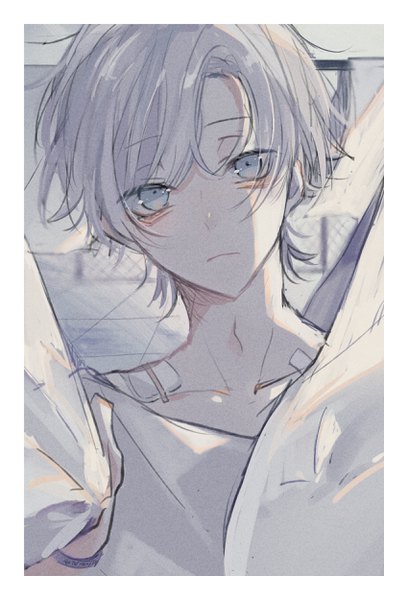 Anime picture 1700x2500 with original 86+ single tall image looking at viewer short hair upper body grey hair grey eyes border boy bandaid