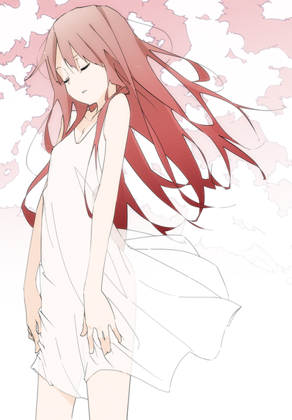 Anime picture 702x1008 with original delaney single long hair tall image red hair eyes closed transparent girl dress white dress sundress