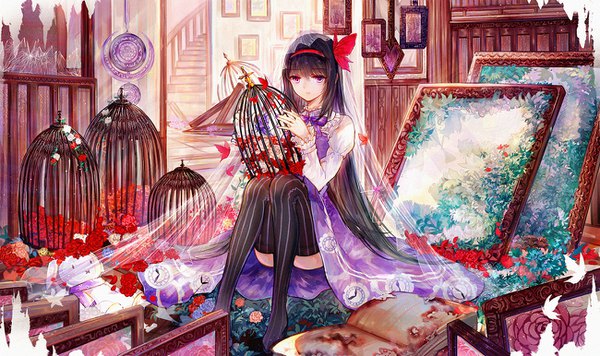 Anime picture 1300x772 with mahou shoujo madoka magica shaft (studio) akemi homura bai qi-qsr single black hair wide image sitting purple eyes holding full body very long hair expressionless girl thighhighs flower (flowers) rose (roses) insect butterfly striped thighhighs