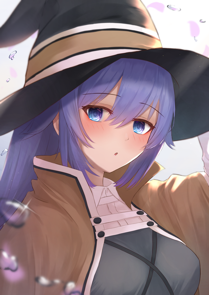 Anime picture 1032x1457 with mushoku tensei studio bind roxy migurdia takoho (frrh8747) single long hair tall image looking at viewer blush fringe blue eyes hair between eyes blue hair upper body :o sparkle girl hat witch hat water drop