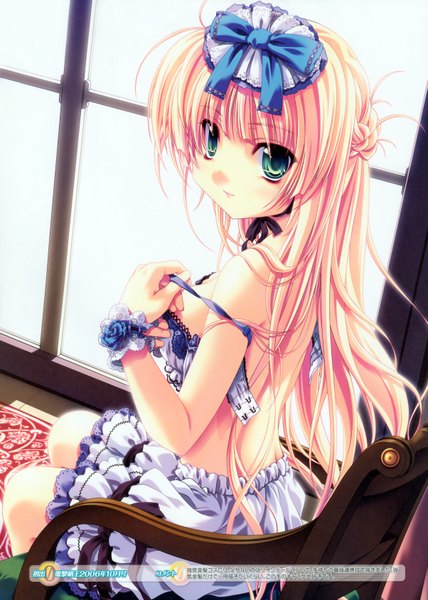 Anime picture 2406x3376 with miyama zero long hair tall image highres light erotic blonde hair green eyes absurdres back undressing half updo open bra girl hair ornament underwear lingerie bra window armchair