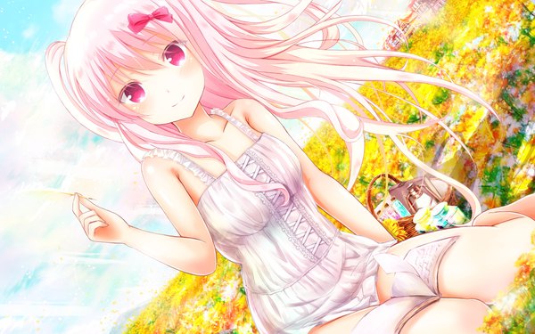 Anime picture 1920x1200 with girlfriend (kari) kagami matsuri masa (mirage77) single long hair looking at viewer blush fringe highres smile hair between eyes sitting bare shoulders holding payot pink hair sky cloud (clouds) bent knee (knees) outdoors