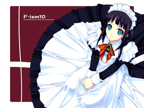 Anime picture 1600x1200 with original f-ism murakami suigun single long hair fringe blue eyes black hair sitting green eyes blunt bangs light smile from above maid looking up girl dress uniform headdress bowtie