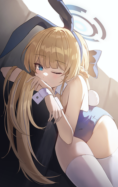 Anime picture 1891x3000 with blue archive toki (blue archive) toki (bunny) (blue archive) leepy single long hair tall image looking at viewer blush fringe highres breasts blue eyes light erotic simple background blonde hair white background sitting animal ears tail