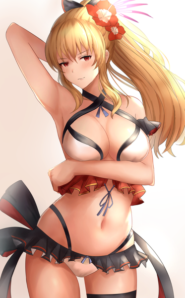 Anime picture 599x961 with granblue fantasy vira lilie aqua (popogori) single long hair tall image looking at viewer blush fringe breasts light erotic blonde hair simple background hair between eyes red eyes large breasts standing white background bare shoulders payot