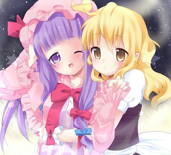 Anime picture 1073x972 with touhou kirisame marisa patchouli knowledge vanilla (miotanntann) long hair looking at viewer blush short hair open mouth blonde hair purple eyes multiple girls brown eyes purple hair one eye closed wink hug shoujo ai girl dress