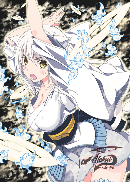 Anime picture 1361x1905 with highschool dxd toujou koneko alekai single long hair tall image looking at viewer blush fringe breasts open mouth light erotic hair between eyes large breasts signed animal ears yellow eyes white hair tail traditional clothes