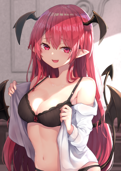 Anime picture 1447x2047 with touhou koakuma wowoguni single long hair tall image looking at viewer fringe breasts open mouth light erotic hair between eyes red eyes standing bare shoulders payot upper body red hair indoors tail