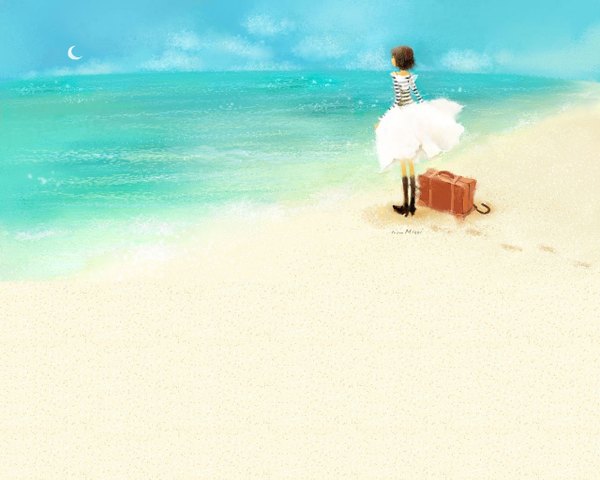 Anime picture 1280x1024 with original mizzi (artist) beach insect wings butterfly wings girl skirt wings water boots sea umbrella bag