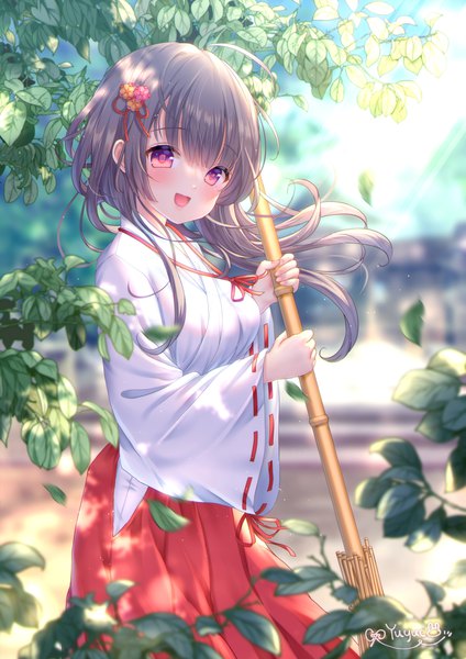 Anime picture 2894x4093 with original yuyuko (yuyucocco) single long hair tall image looking at viewer blush fringe highres breasts open mouth smile standing purple eyes holding signed ahoge outdoors blunt bangs traditional clothes