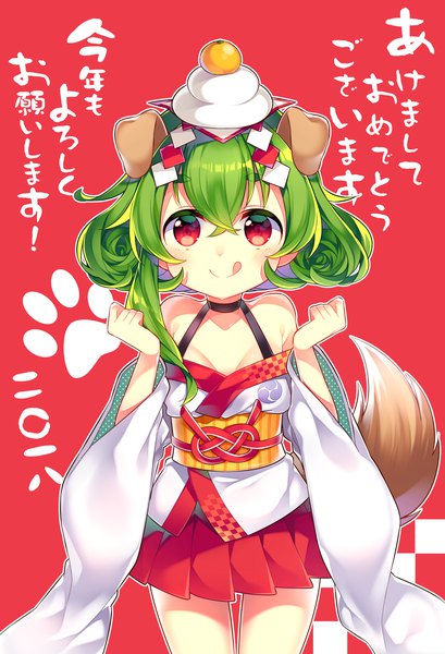 Anime picture 1500x2200 with original kurisu sai single tall image looking at viewer fringe short hair simple background smile hair between eyes red eyes bare shoulders animal ears tail traditional clothes japanese clothes animal tail green hair red background new year