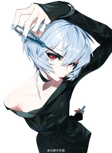 Anime-Bild 5135x7000 mit neon genesis evangelion gainax ayanami rei tizibade single tall image looking at viewer fringe highres short hair simple background hair between eyes red eyes standing holding blue hair absurdres long sleeves nail polish arm up