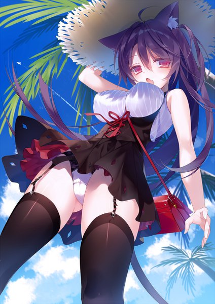 Anime picture 867x1227 with original yoruneko single long hair tall image looking at viewer blush breasts open mouth light erotic black hair red eyes animal ears sky cloud (clouds) tail animal tail cat ears cat girl cat tail