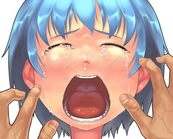 Anime picture 1000x800 with original midori no ruupe single blush fringe short hair open mouth simple background white background blue hair eyes closed tears close-up face crying screaming girl tongue
