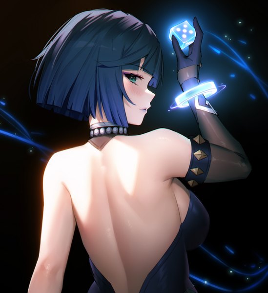 Anime picture 1152x1259 with genshin impact yelan (genshin impact) 95--- single tall image looking at viewer fringe short hair breasts light erotic simple background large breasts bare shoulders blue hair upper body blunt bangs profile looking back arm up aqua eyes