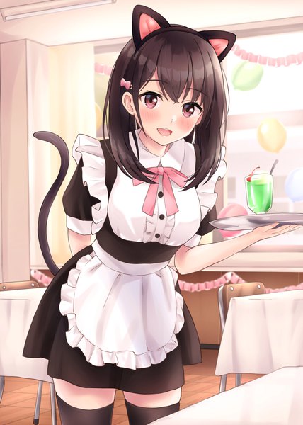 Anime picture 1200x1683 with original yukimaru217 single long hair tall image looking at viewer blush fringe open mouth black hair smile standing holding animal ears indoors tail :d animal tail pink eyes short sleeves