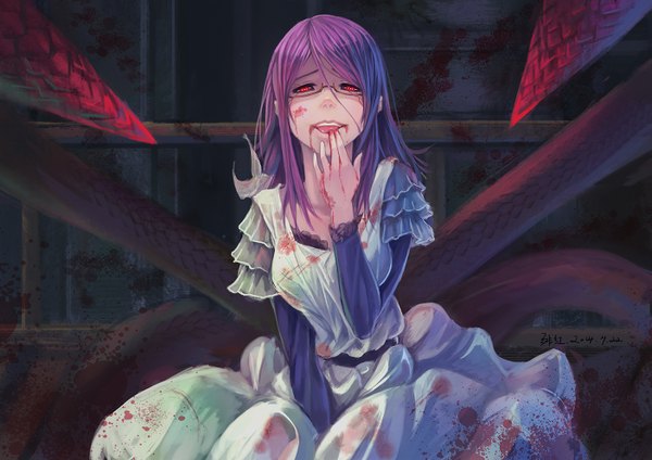 Anime picture 1403x992 with tokyo ghoul studio pierrot kamishiro rize feihong single long hair looking at viewer open mouth red eyes purple hair black sclera girl dress glasses tongue blood kagune