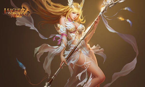 Anime picture 1000x600 with league of angels loralei (league of angels) single long hair looking at viewer breasts light erotic simple background blonde hair wide image inscription orange eyes copyright name legs head wings brown background girl wings staff